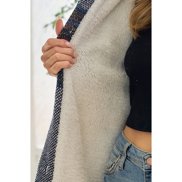 SOLD OUT Navy Rainbow Aztec Sherpa Lined Knit Button Hooded Cardigan Long Sleeve - Picture 5 of 7